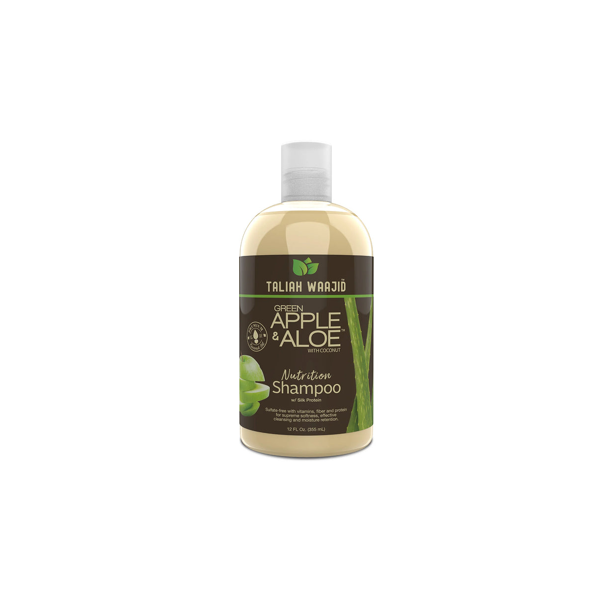 Bottle of Taliah Waajid Apple Aloe Shampoo 355ml with green apple and aloe vera on dark brown label.