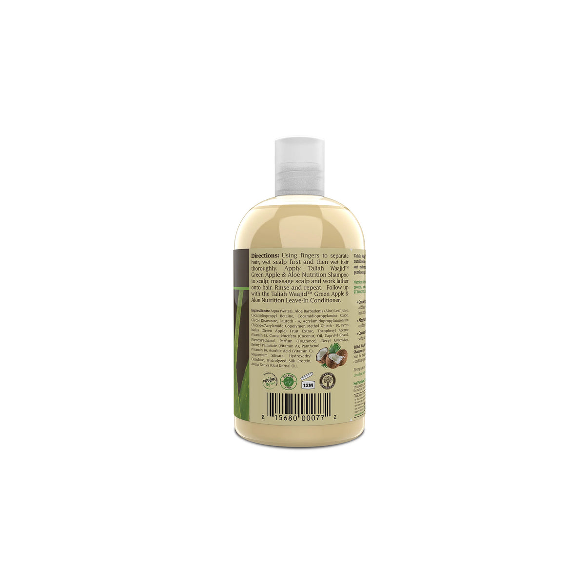 Bottle of Taliah Waajid Apple Aloe Shampoo 355ml in beige and green colors with ingredient description and applied barcode.