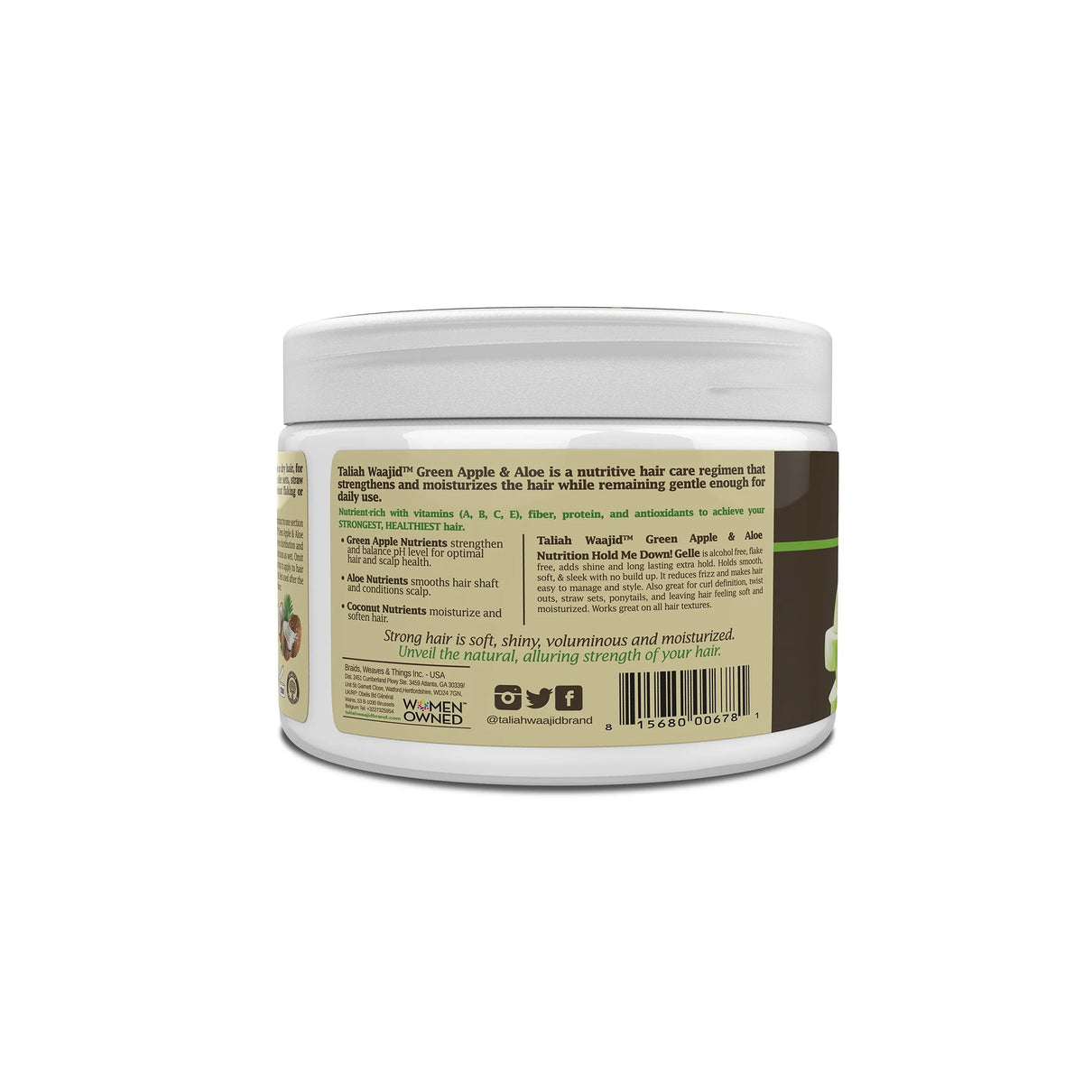 The back of Taliah Waajid Green Apple & Aloe Nutrition Hold Me Down! Gel with nutrition description and ingredients on beige and brown label.