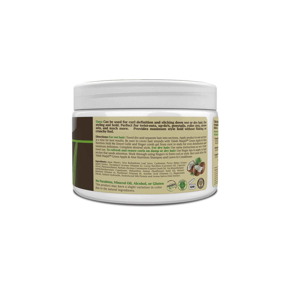 The back of Taliah Waajid Green Apple & Aloe Nutrition Hold Me Down! Gel with instructions for use and list of ingredients on beige label with coconut illustration.

