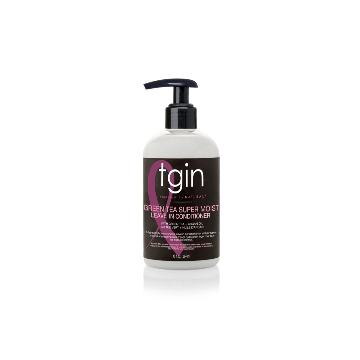 TGIN Green Tea Super Moist Leave-in Conditioner 384ml with pump on white background in black and purple packaging.