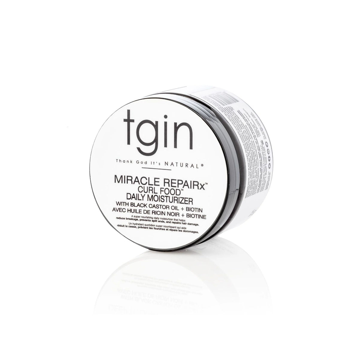 Black and white jar of TGIN Miracle RepairX Curl Food 340gr for curly hair, placed against a white background.