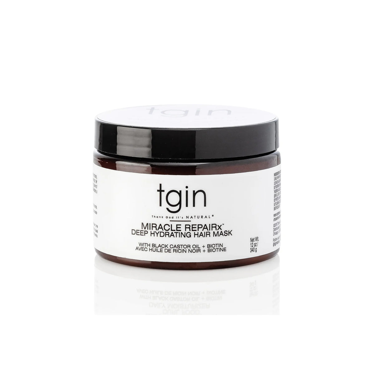 TGIN Miracle RepairX Deep Hydrating Mask 340gr in brown container with black lid and white label on white background.
