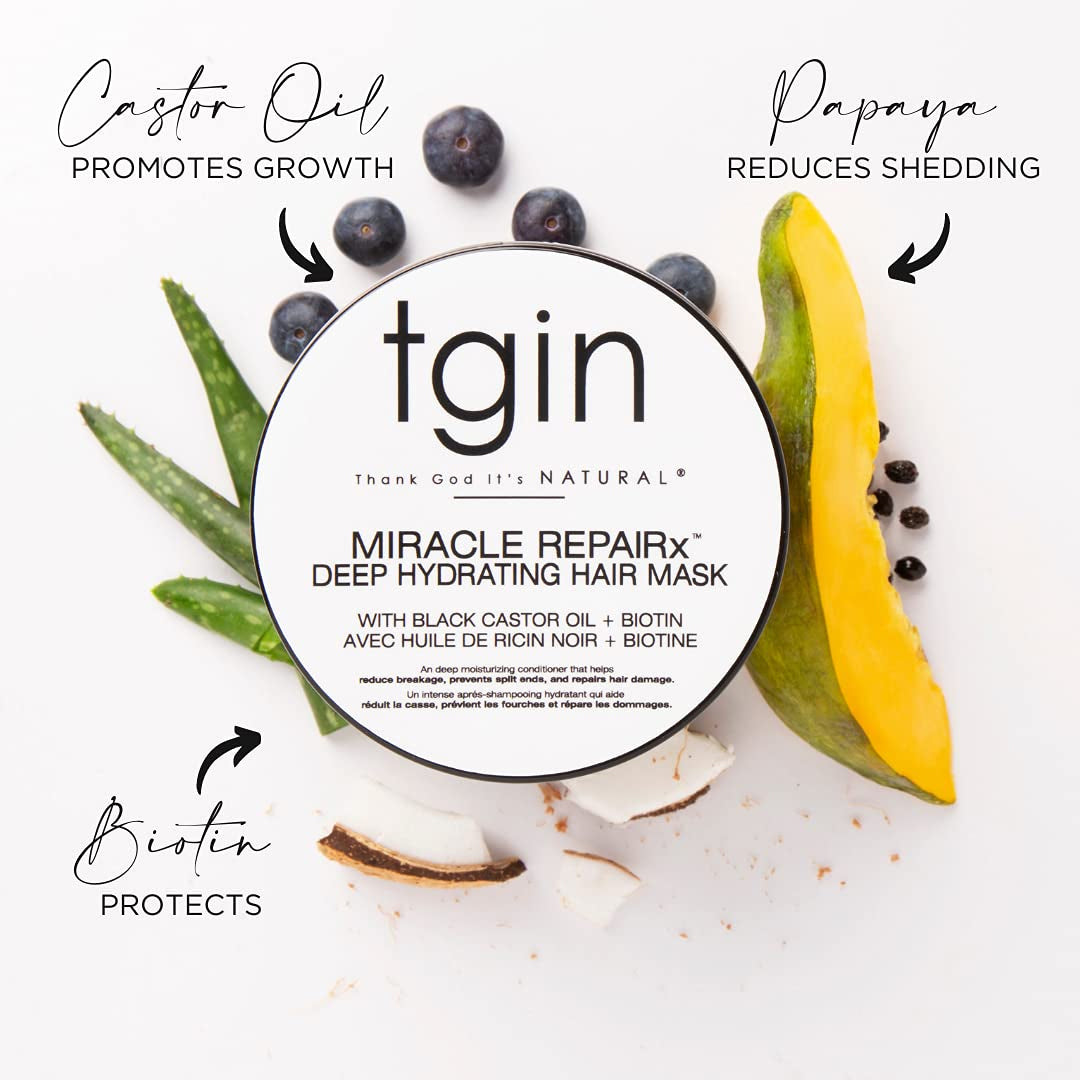 TGIN Miracle RepairX Deep Hydrating Mask 340gr surrounded by papaya, coconut, aloe vera and blueberry on a white background.