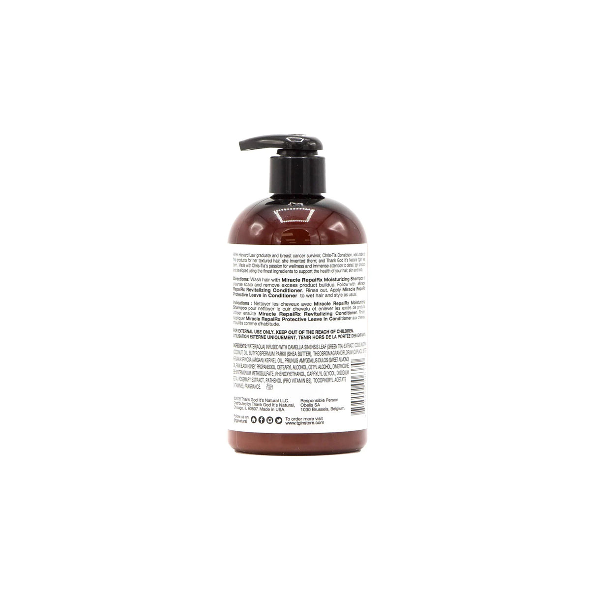Brown bottle with black pump of TGIN Miracle RepairX Protective Leave-in Conditioner 384ml, shown from behind on white background.