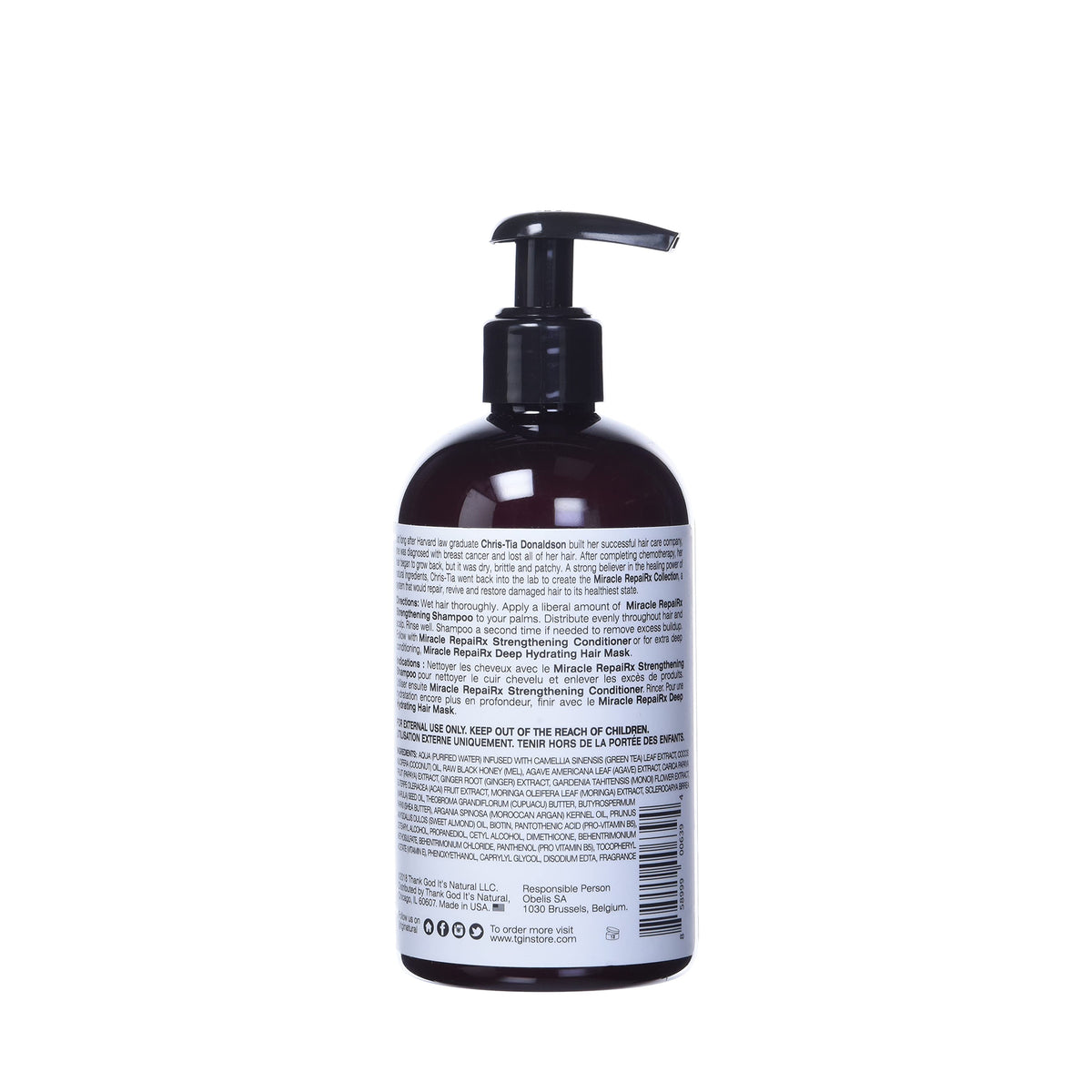 Brown bottle with pump of TGIN Miracle RepairX Strengthening Shampoo 384ml, shown with product description on the back.