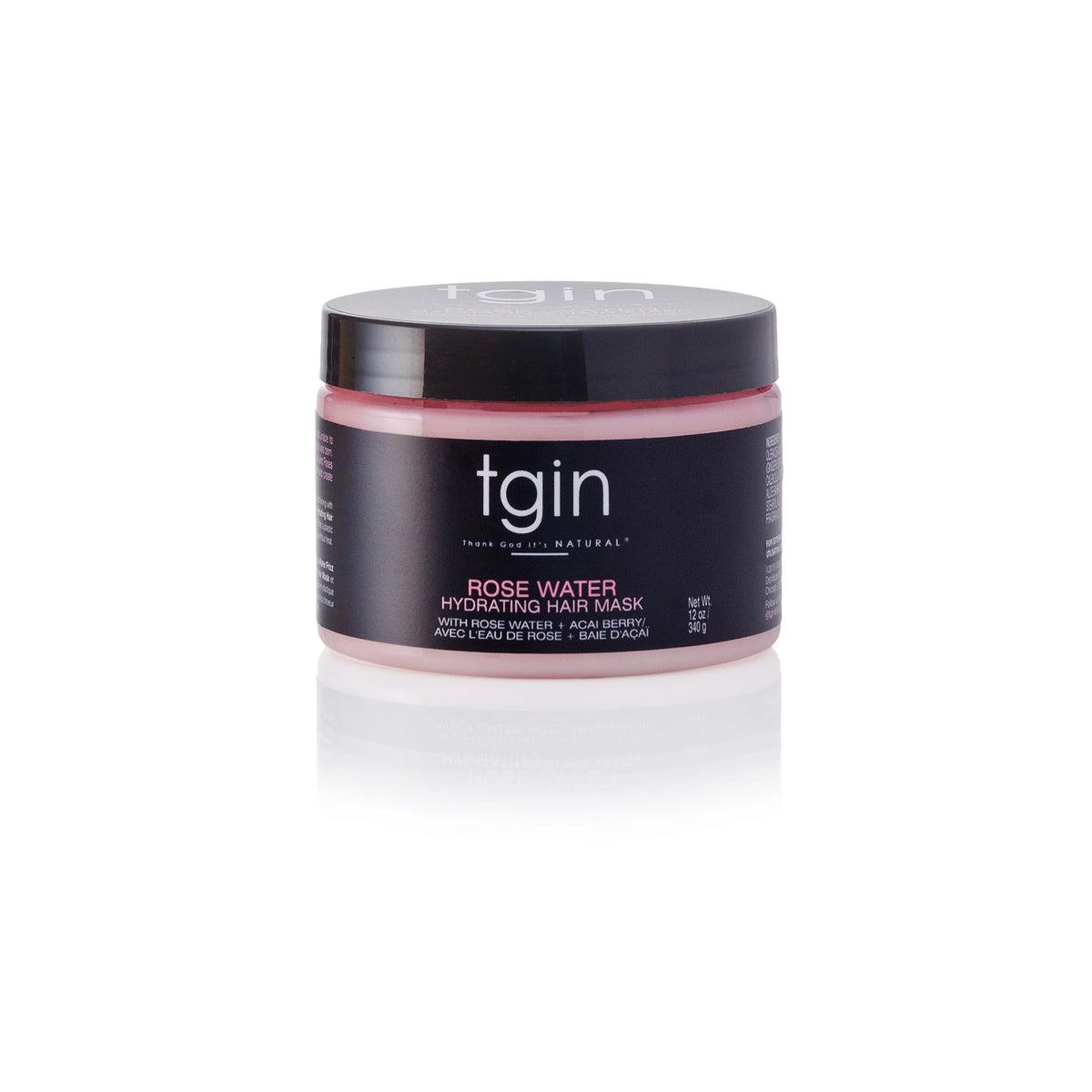 TGIN Rose Water Hydrating Mask 340gr in black bucket with pink hair treatment and white text, seen on white background.
