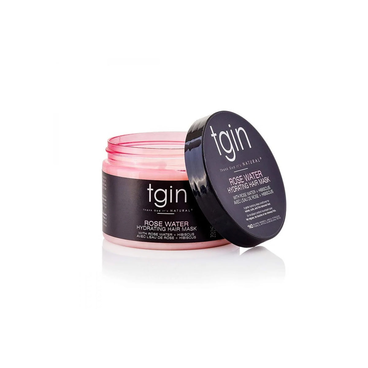 TGIN Rose Water Hydrating Mask 340gr with open black lid, shows pink hair mask in round jar on white background.