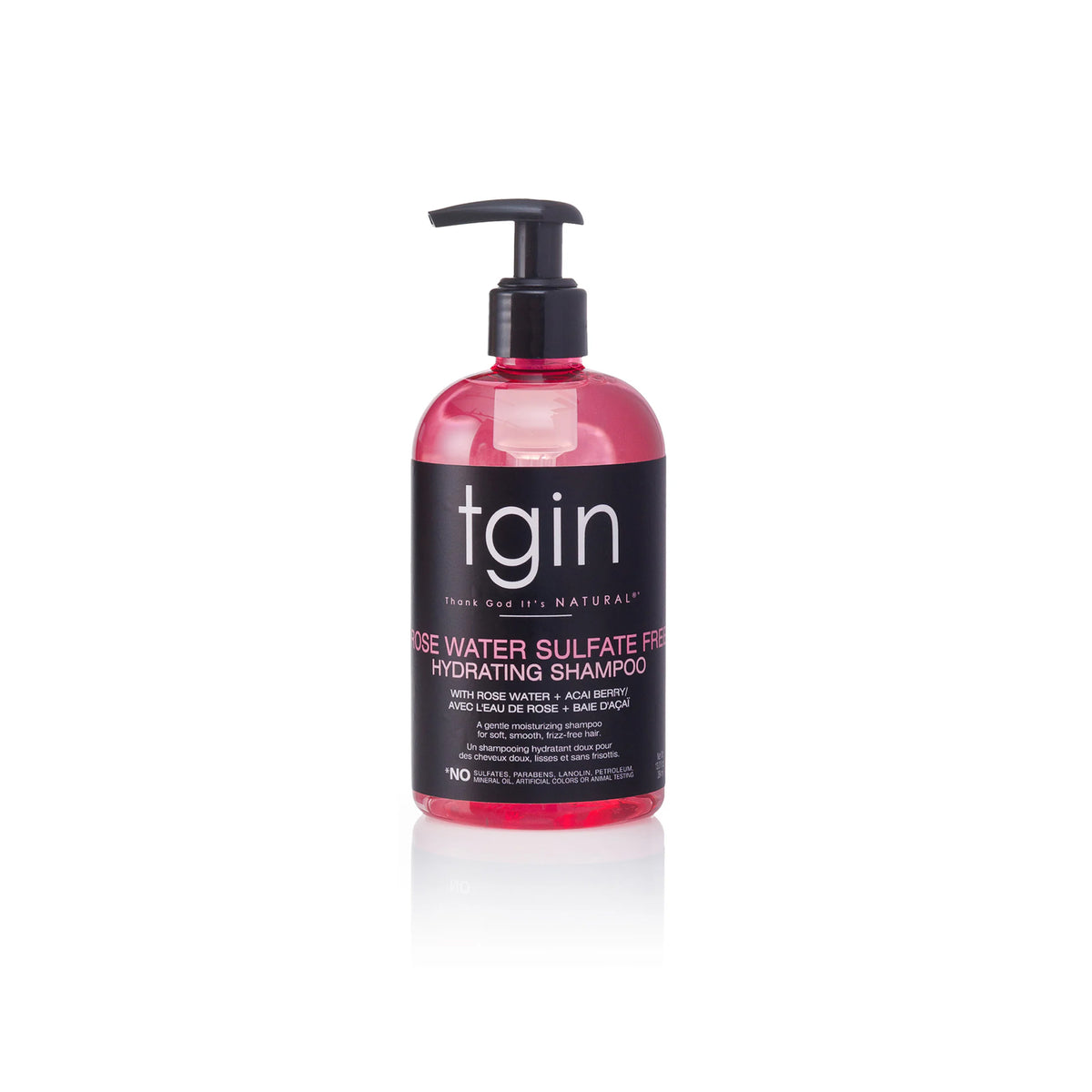 TGIN Rose Water Shampoo 384ml with pump, pink bottle with black label, stands against white background.
