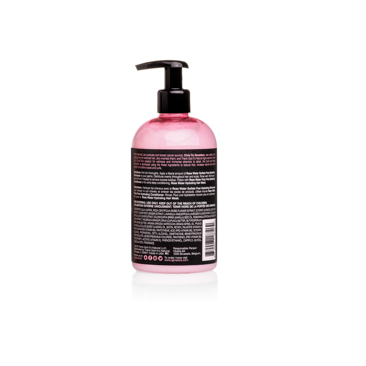 Bottle of TGIN Rose Water Shampoo 384ml with black pump and pink liquid, shown from the back with list of ingredients.