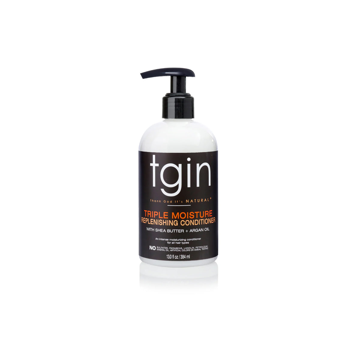 Bottle of TGIN Triple Moisture Replenishing Conditioner 384ml with pump, black and white design with orange text.