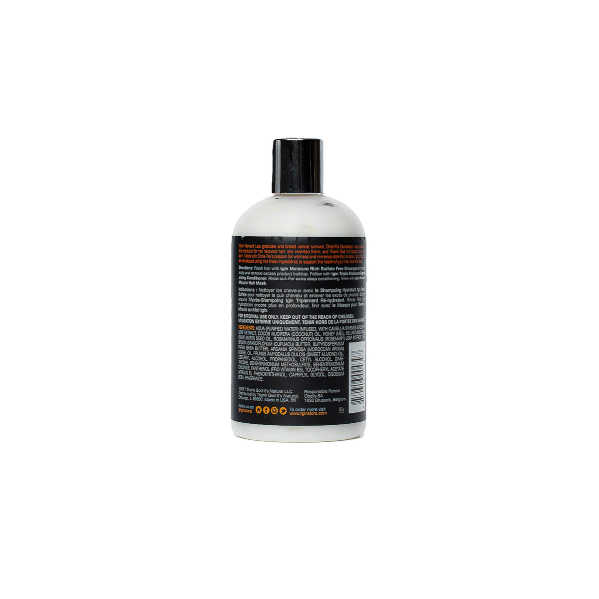 Bottle of TGIN Triple Moisture Replenishing Conditioner 384ml shown from behind with black lid and ingredient list in white and orange text.