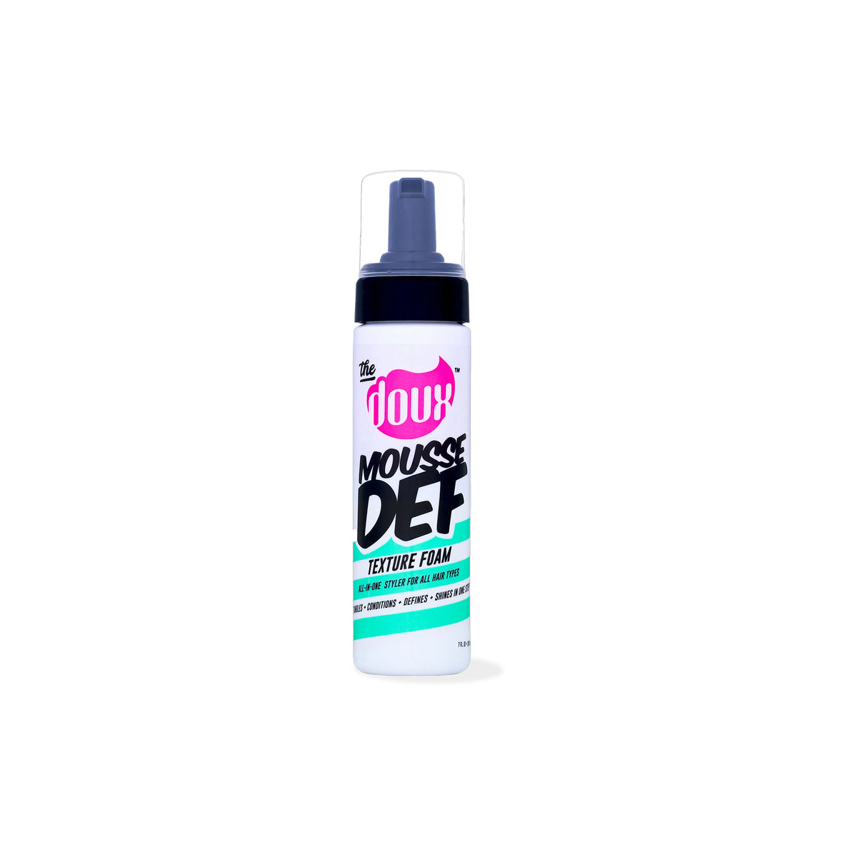 White bottle with black pump and transparent cap containing The Doux Fresh Mousse Def Texture Foam. The label is pink, black and turquoise.
