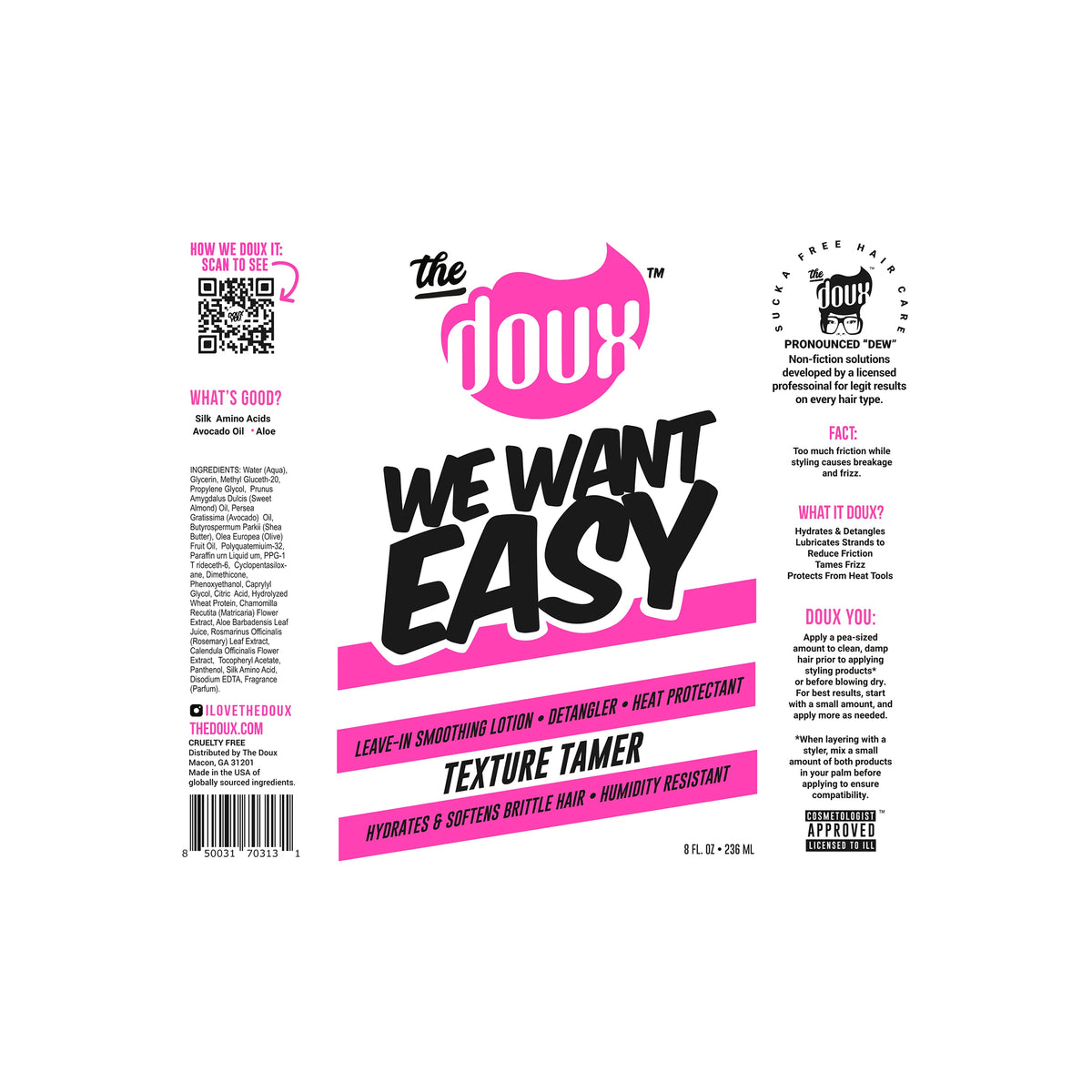 The back of a white bottle with a black cap containing The Doux We Want Easy Texture Tamer. The label contains a QR code, list of ingredients, instructions for use and marketing text.