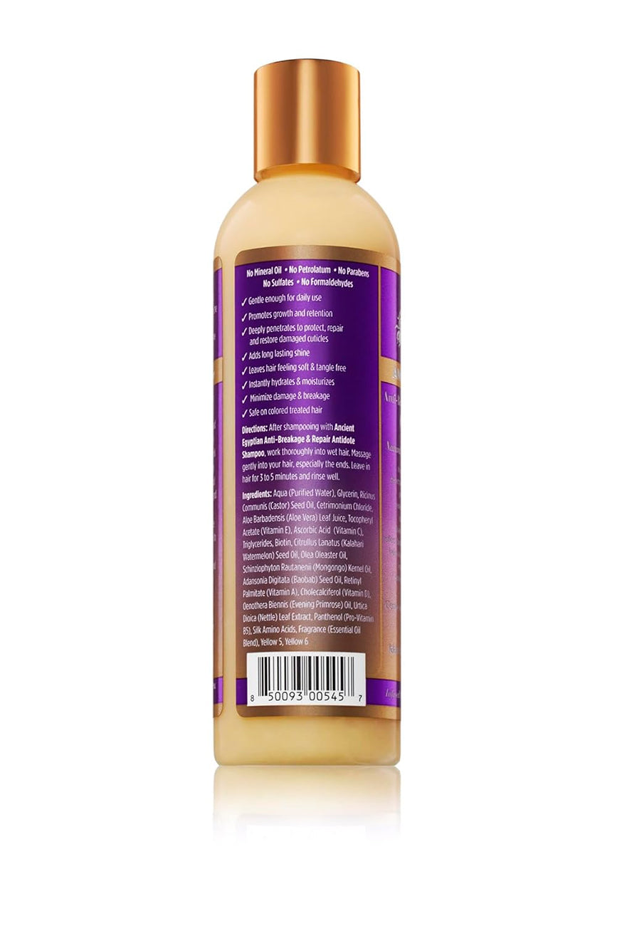 The back of a transparent bottle with a gold cap containing The Mane Choice Ancient Egyptian Anti-Breakage & Repair Antidote Conditioner. The label contains instructions for use after shampooing and a list of ingredients.