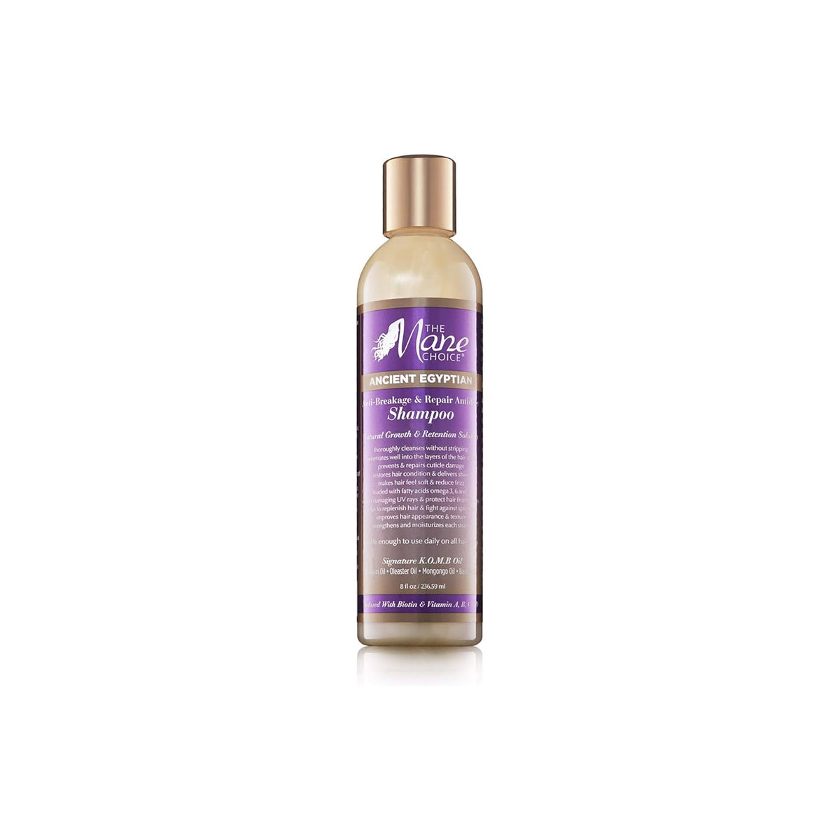 Transparent bottle with gold cap containing The Mane Choice Ancient Egyptian Anti-Breakage & Repair Antidote Shampoo. The shampoo has a slightly yellowish colour.