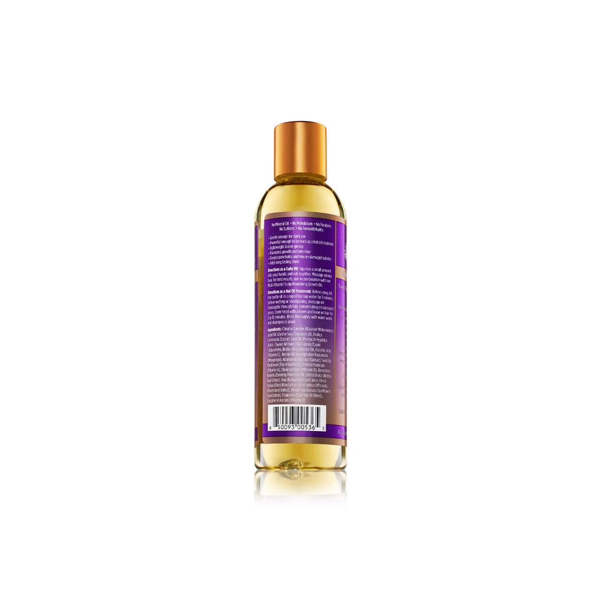 The back of a transparent bottle with a gold cap containing The Mane Choice Ancient Egyptian Anti-Breakage Daily Treatment Repair Oil. The label contains instructions for application to dry or damp hair.
