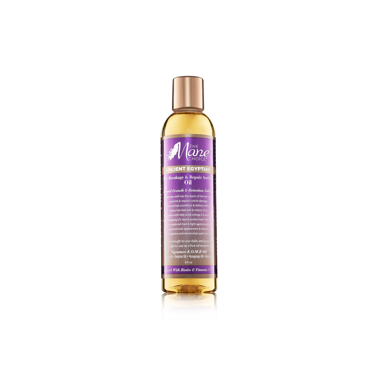 Transparent bottle with gold cap containing The Mane Choice Ancient Egyptian Anti-Breakage Daily Treatment Repair Oil. The oil has a light golden colour.