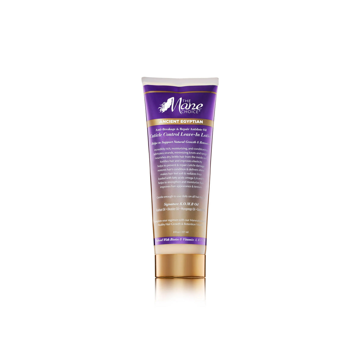 White tube with purple and gold details containing The Mane Choice Ancient Egyptian Anti-Breakage & Repair Antidote Cuticle Control Leave-In Lotion.