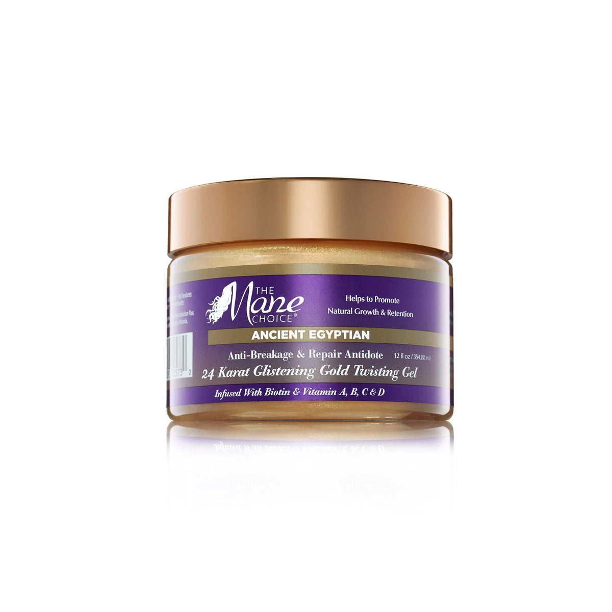 Transparent jar with gold lid containing The Mane Choice Ancient Egyptian 24 Karat Glistening Gold Twisting Gel. The label is purple and highlights "Anti-Breakage & Repair Antidote".