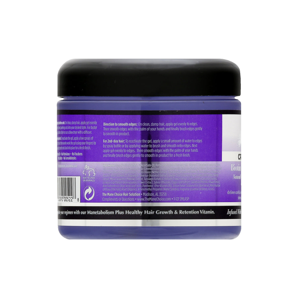The back of The Mane Choice Crystal Orchid Biotin Infused Styling Gel. Shows information on how to use the gel to smooth edges and define curls.