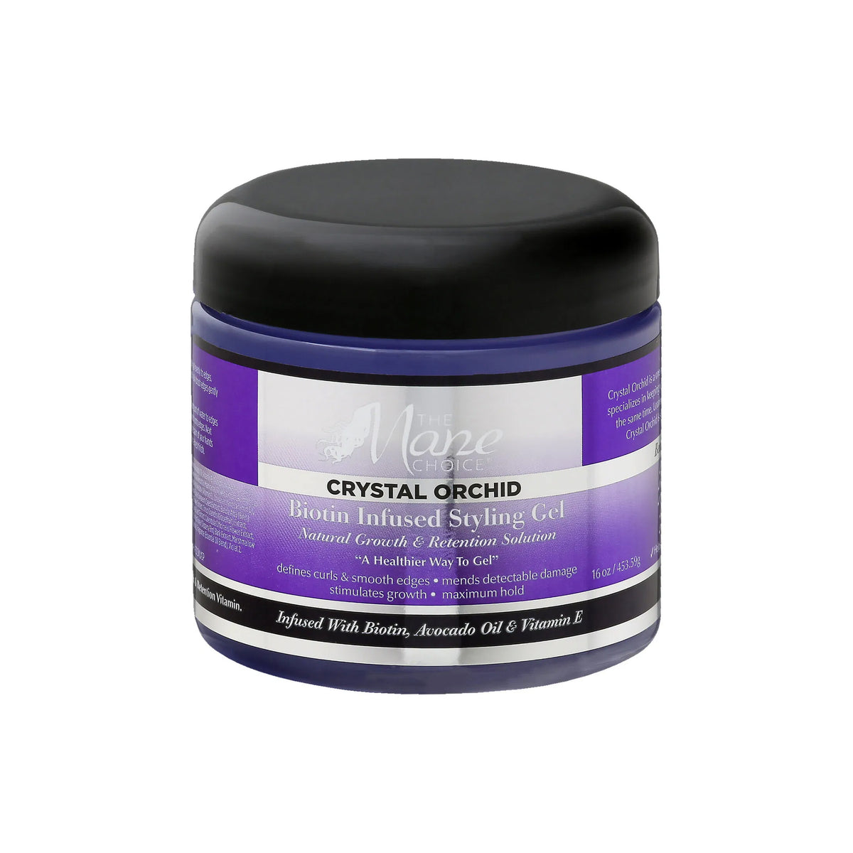 Purple jar with black lid containing The Mane Choice Crystal Orchid Biotin Infused Styling Gel. Promotes natural growth and retention.
