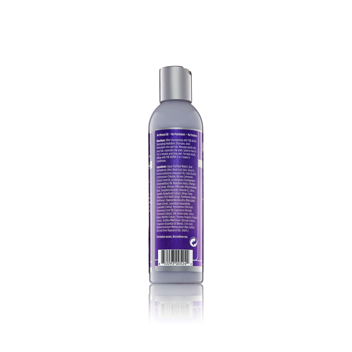 Close-up of the back of a bottle of The Mane Choice The Alpha Detangling Hydration Conditioner. Purple label with white text describing ingredients, directions and manufacturer information.