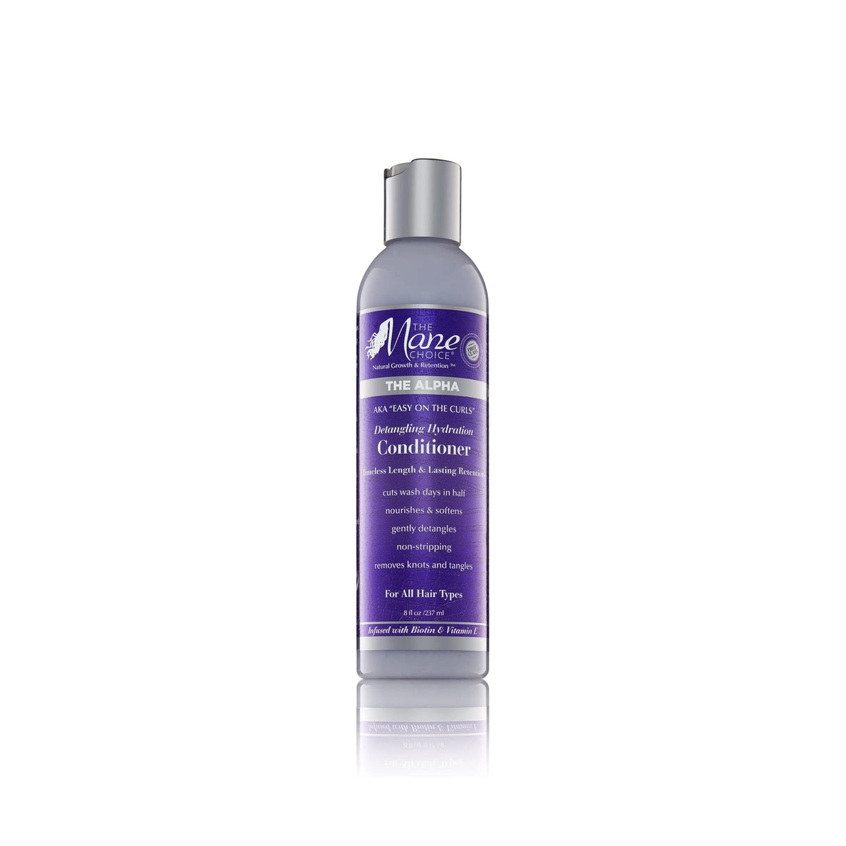 Bottle of The Mane Choice The Alpha Detangling Hydration Conditioner. Purple label with silver lid. The conditioner untangles, softens and moisturizes the hair.