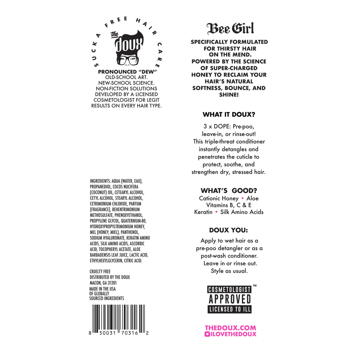 The Doux Bee Girl produktetiket med ingrediensliste, brugsanvisning og stregkode på hvid baggrund.