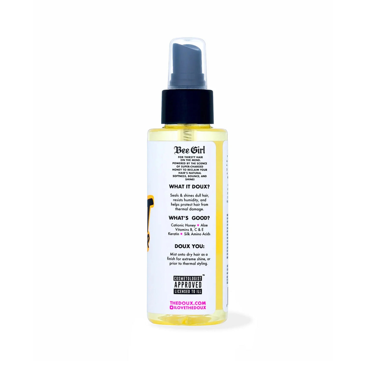 Doux Bee Girl hårspray i gul flaske med sort pumpespray og informationsetiket om cationisk honning og keratin.