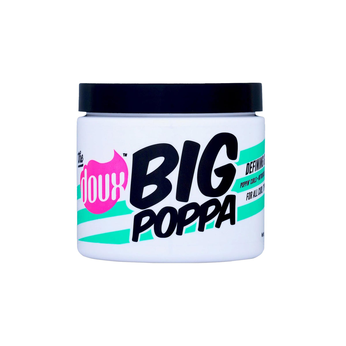 The Doux Big Poppa Defining Gel 454gr in white container with black lid and colorful text in pink, black and turquoise.