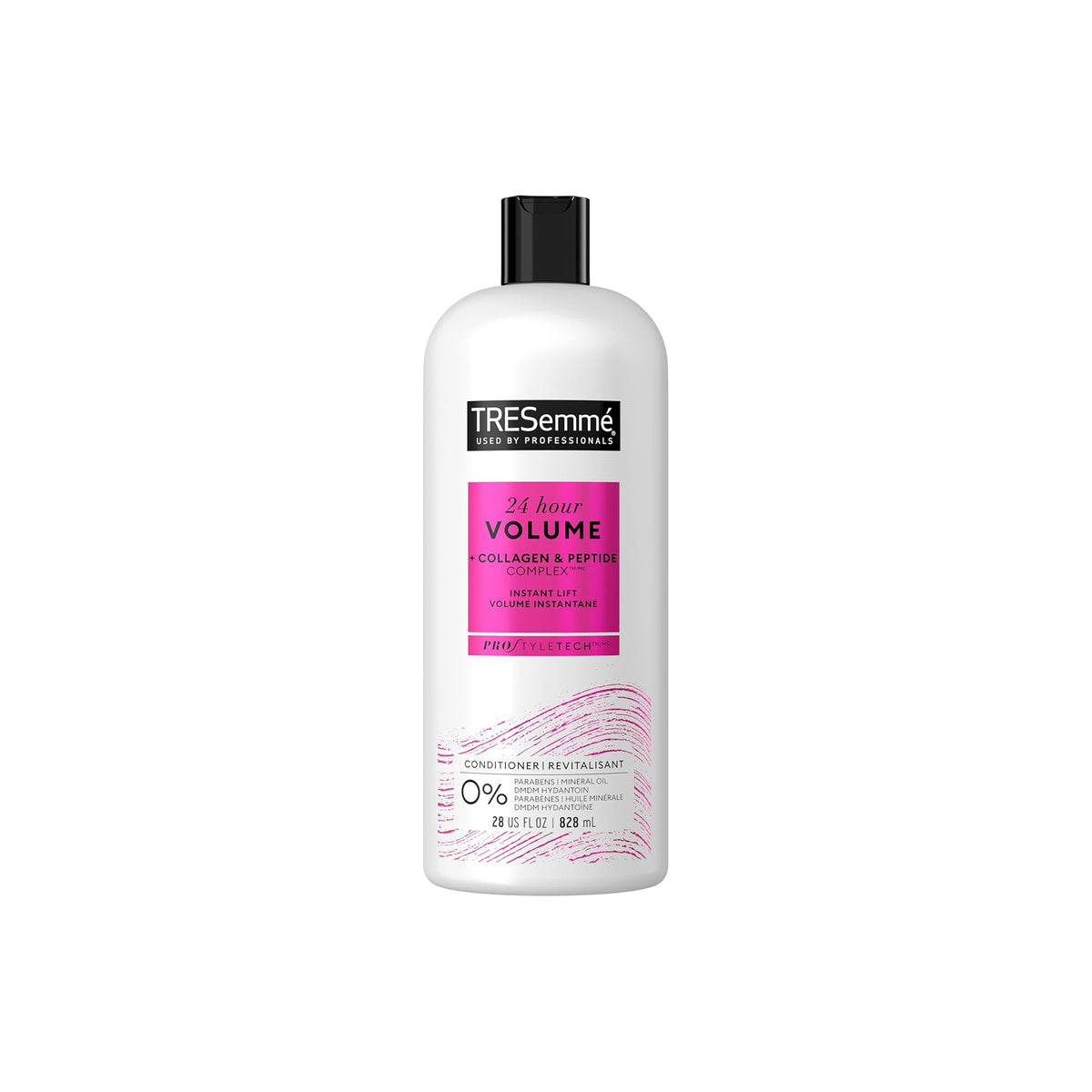 TRESemmé 24 Hour Volume Conditioner in white bottle with pink label, 828 ml, with collagen and peptide complex for instant volume.