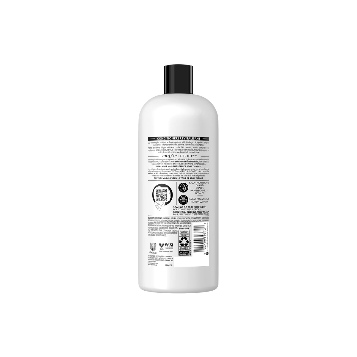 Back of TRESemmé 24 Hour Volume Conditioner in white bottle with black cap, ingredients list, QR code and sustainability symbols, 828 ml.