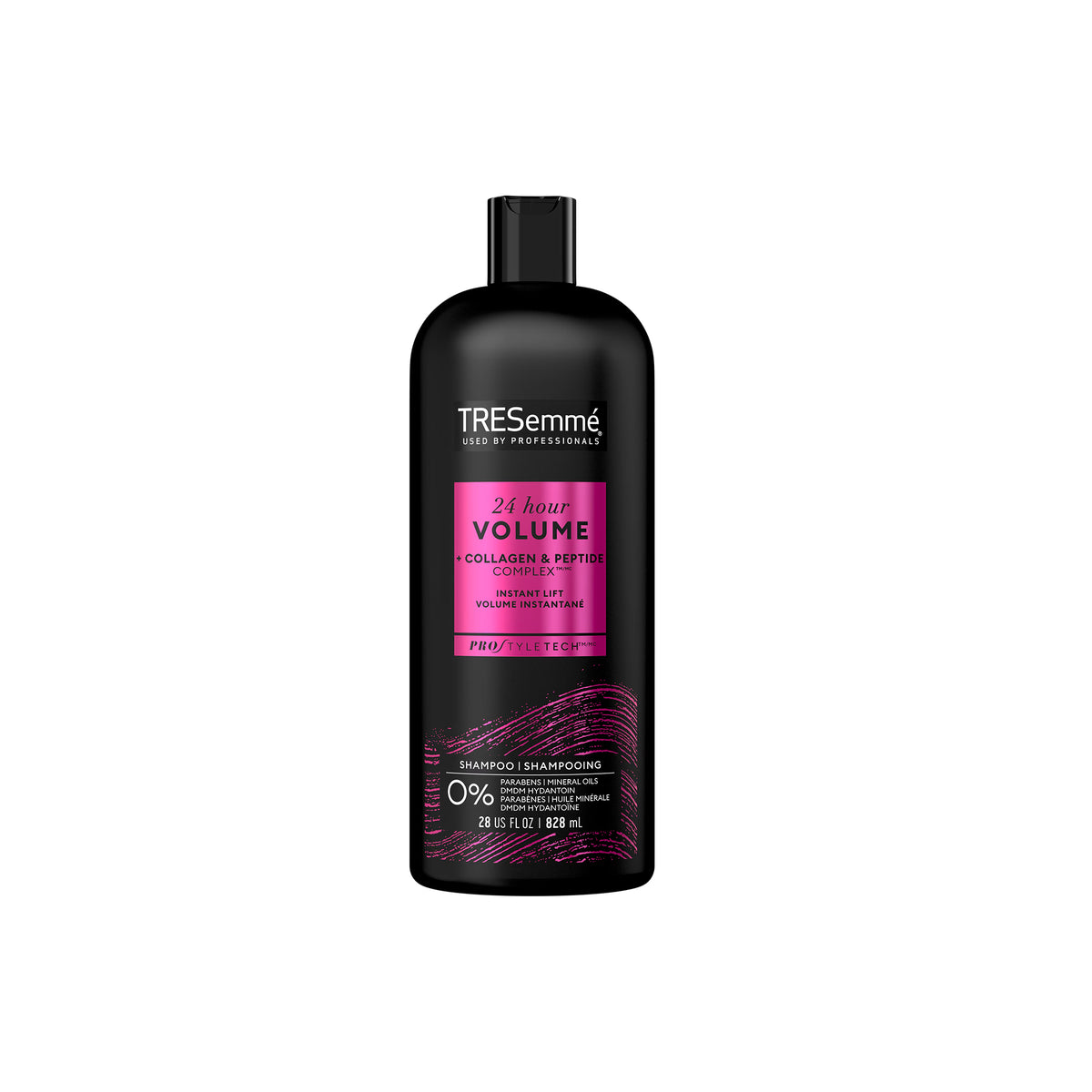 TRESemmé 24 Hour Volume Shampoo in black bottle with pink label, 828 ml, with collagen and peptide complex for instant volume.