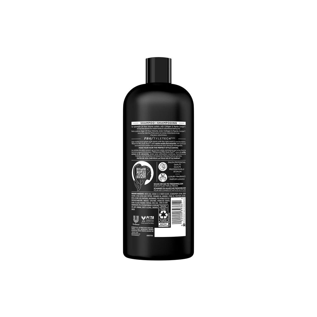 Back of TRESemmé 24 Hour Volume Shampoo in black bottle with white text, ingredient list, QR code and sustainability icons, 828 ml.