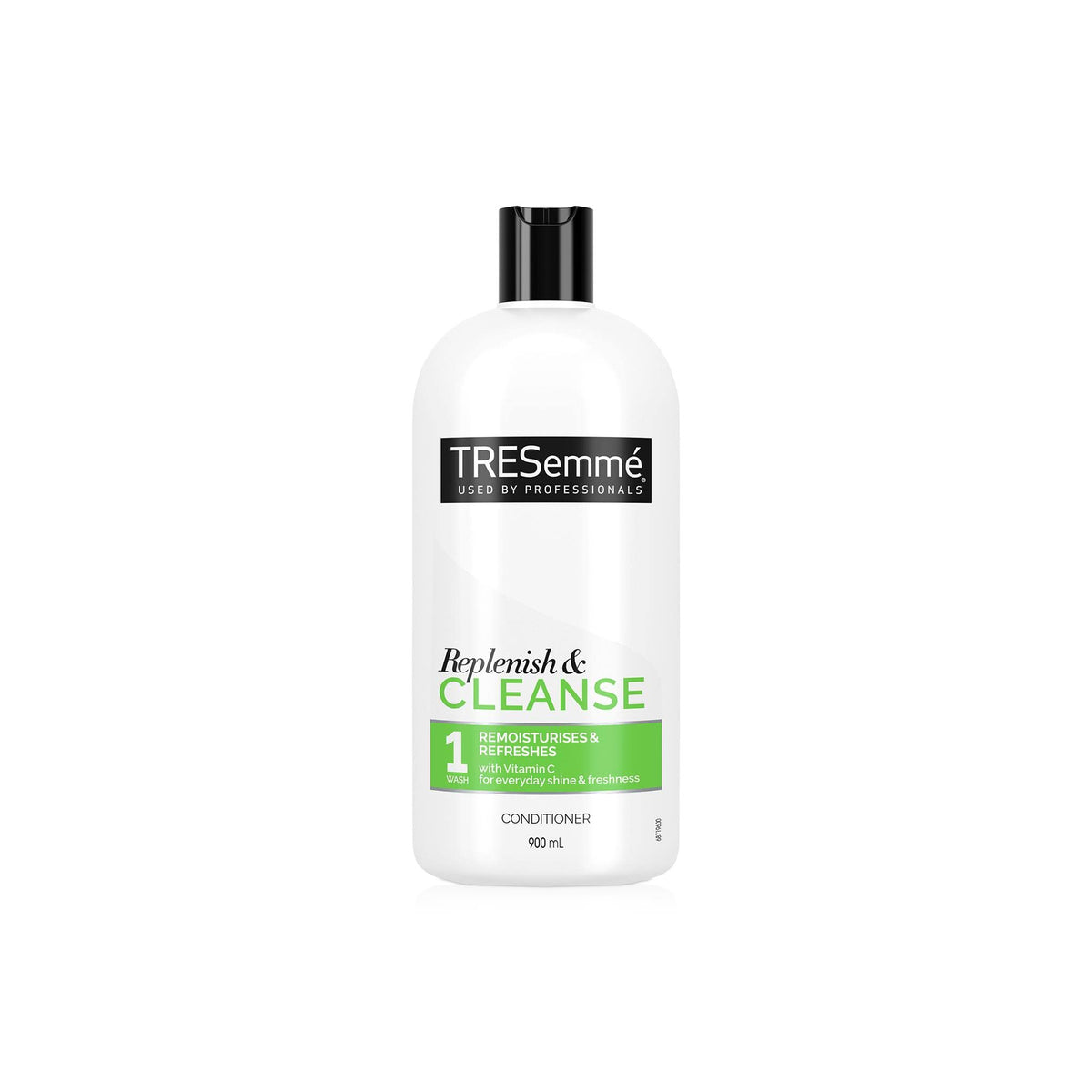White bottle of TRESemmé Cleanse & Replenish Remoisturizing Conditioner 900ml, with green and black text and black lid, standing on a white background.