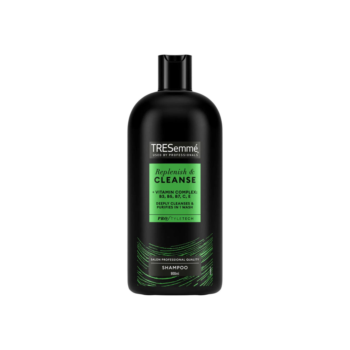 Black bottle of TRESemmé Cleanse & Replenish Shampoo 900ml, with green and white text and black lid, standing on a white background.