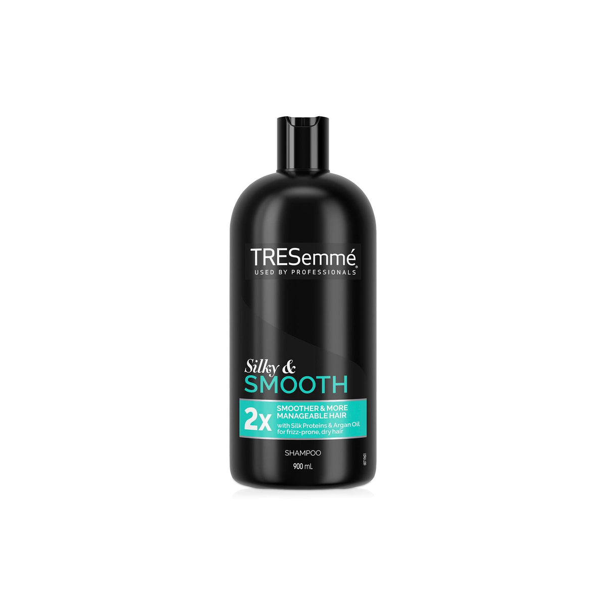 Black bottle of TRESemmé Smooth & Silky Shampoo 900ml, designed with blue and white text, standing on a white background.