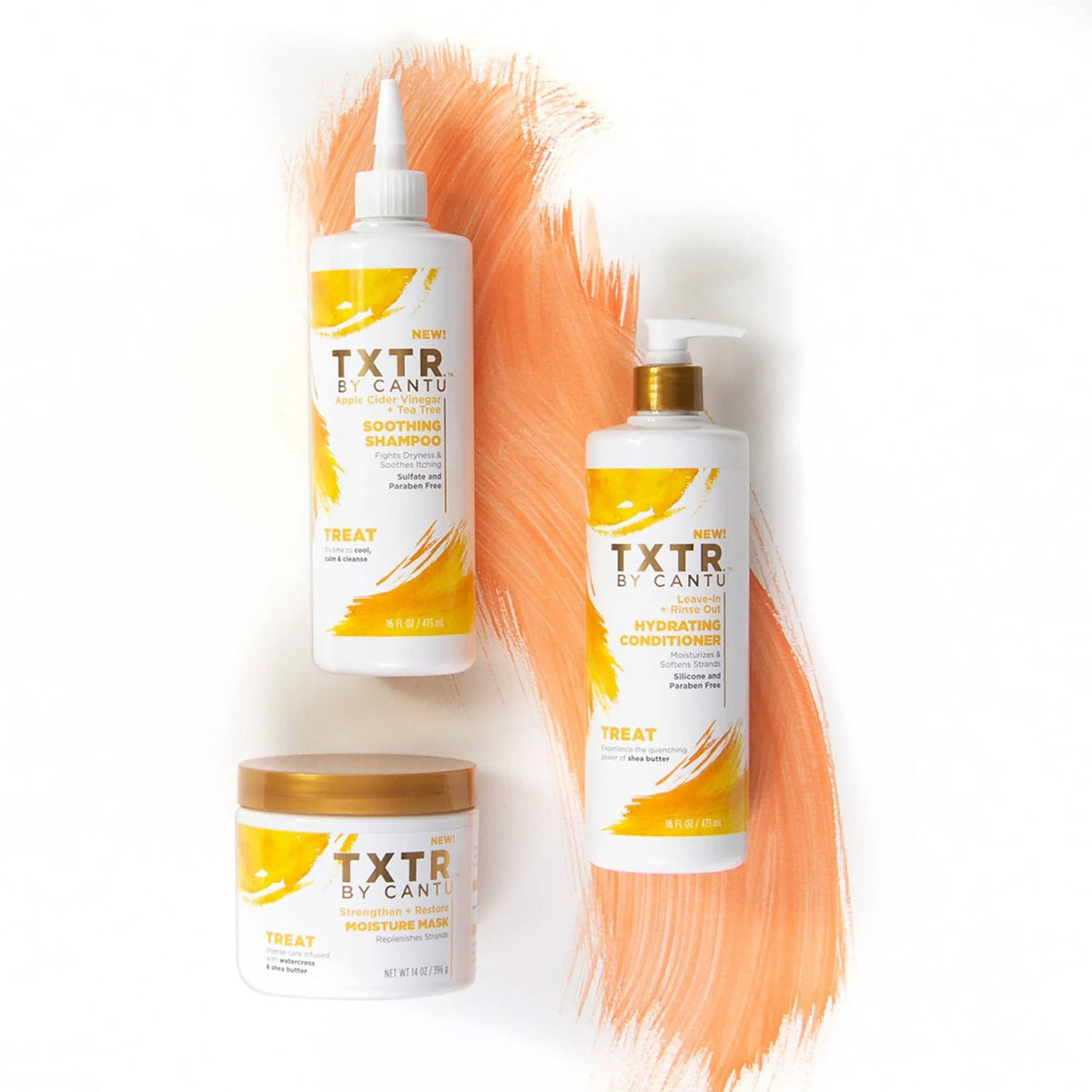 Cantu TXTR hair care range: Soothing Shampoo, Hydrating Conditioner and Moisture Mask.