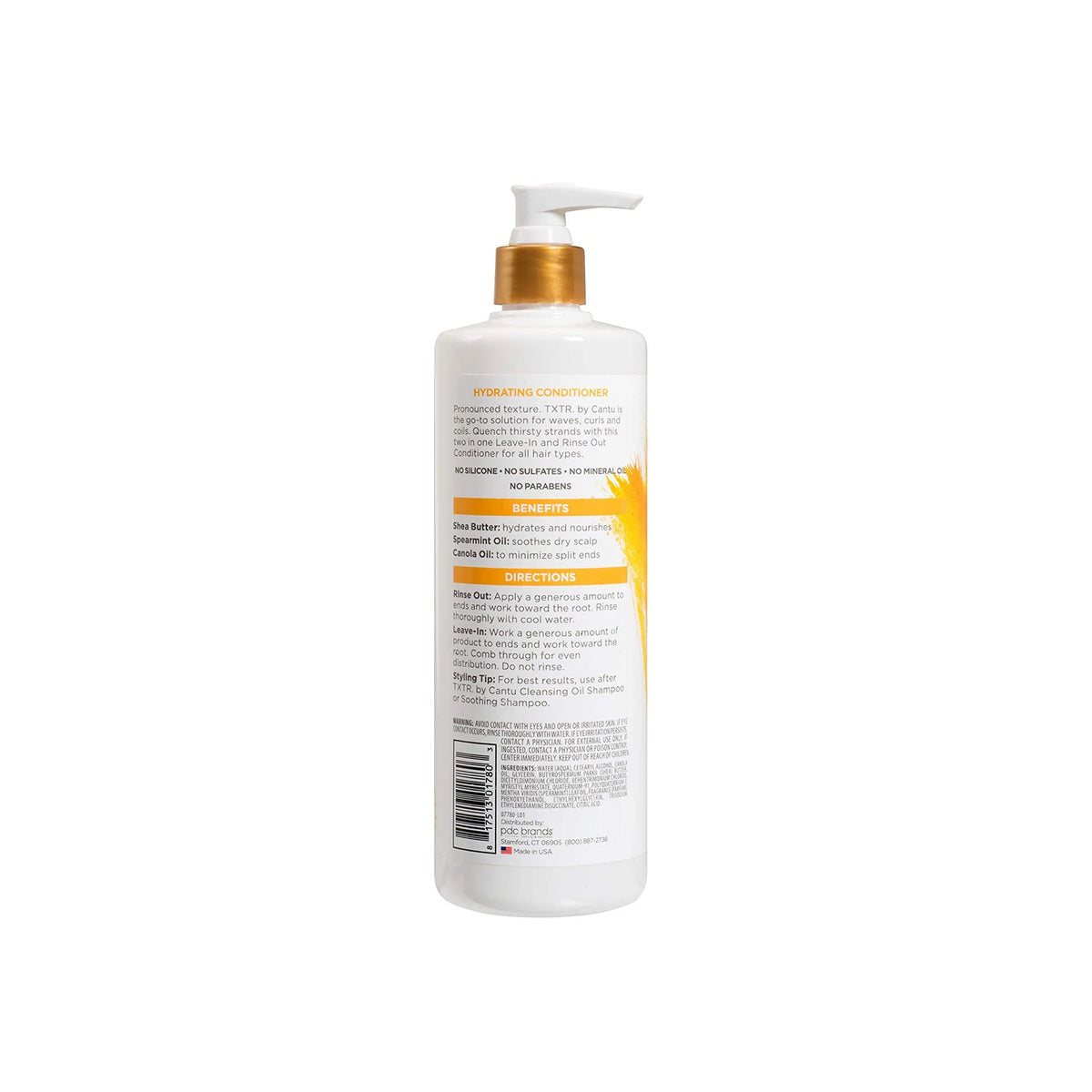 Cantu TXTR Hydrating Conditioner (473 ml) back cover with ingredients, instructions for use and benefits.