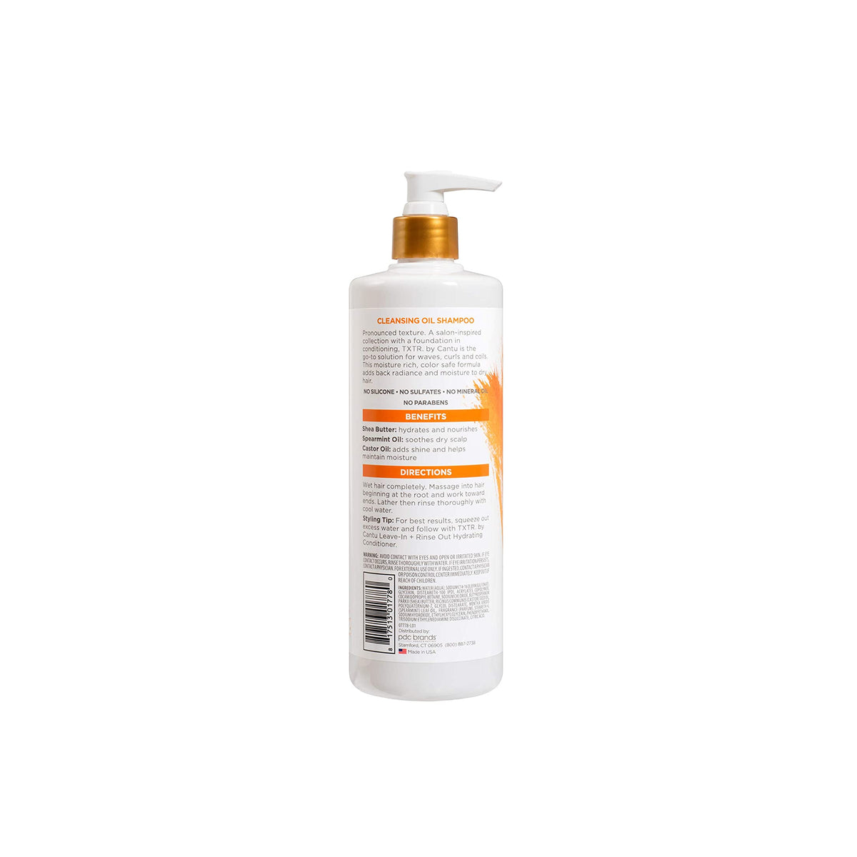 Cantu TXTR Sleek Cleansing Oil Shampoo (473 ml) back with ingredients and instructions for use.