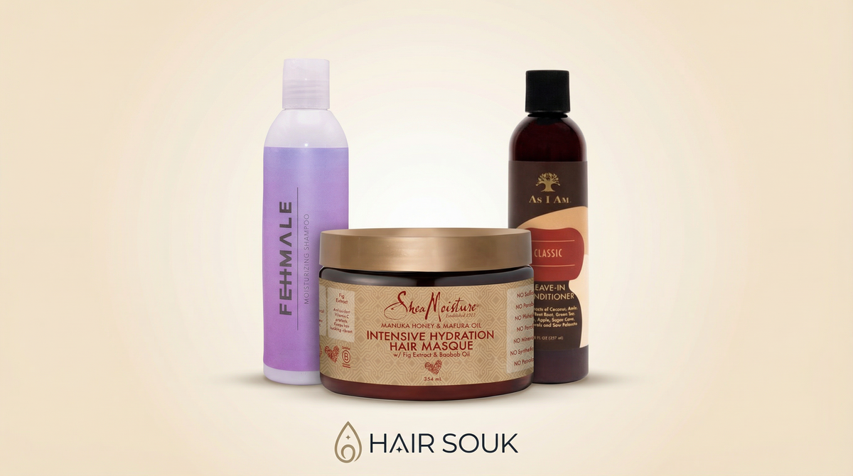 Ultra Hydration Bundle – thirst quencher for curls with shampoo, conditioner and leave-in conditioner against a light beige background.