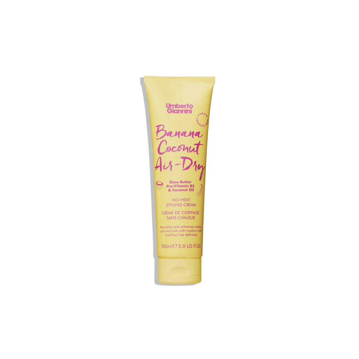 Umberto Giannini Banana Coconut Air-Dry styling cream in yellow tube with pink text, for curly hair without heat.