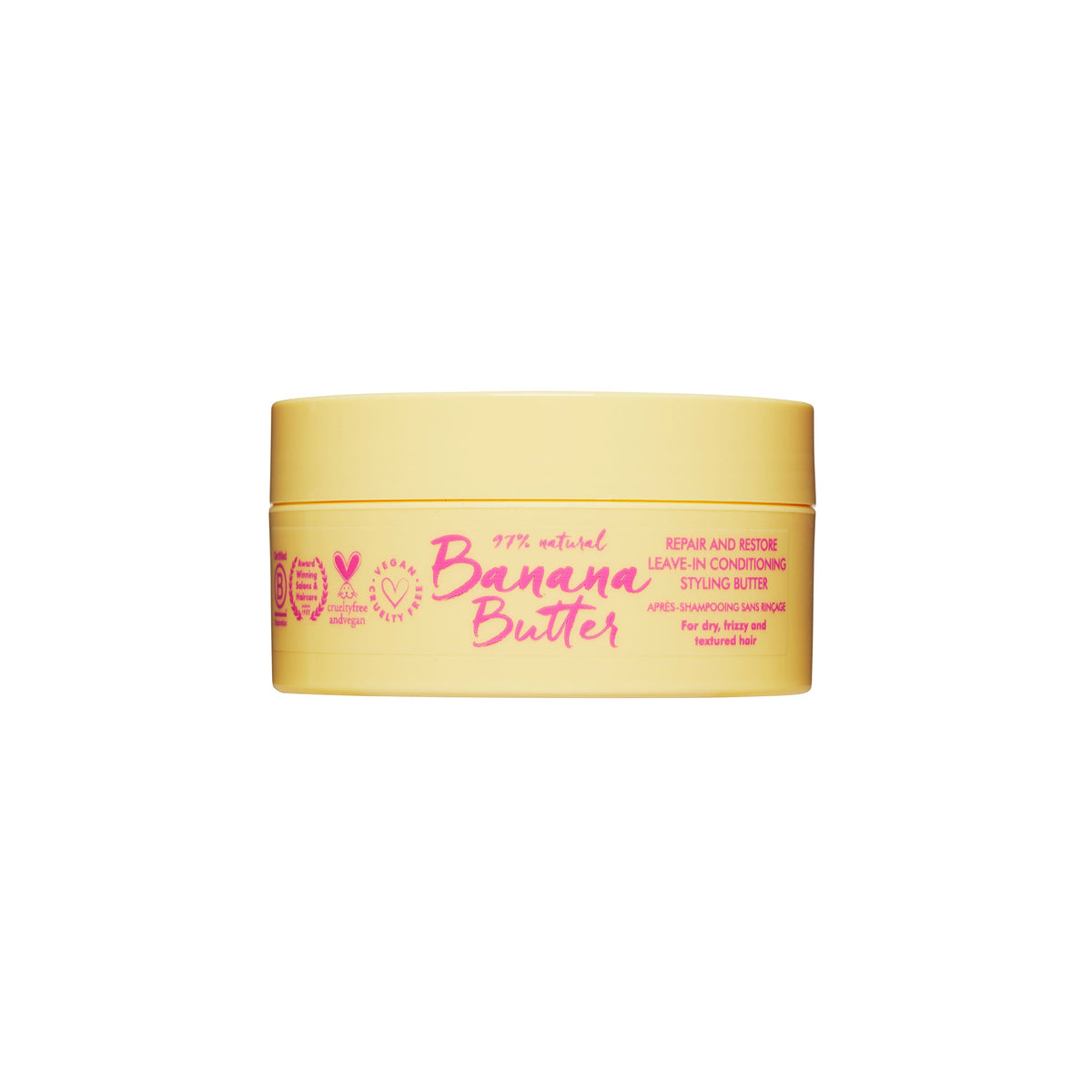 Light yellow container with Banana Butter leave-in conditioner for frizzy and dry hair, with text in pink on the front.