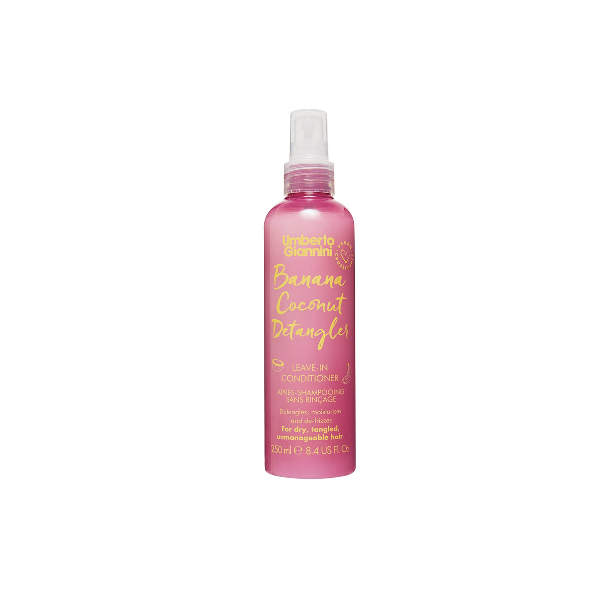 Pink bottle of Umberto Giannini Banana Coconut Detangler leave-in conditioner for tangled and dry hair.