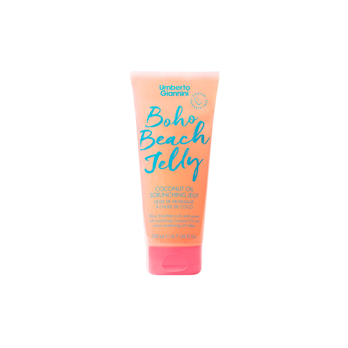 Tube of Umberto Giannini Boho Beach Jelly coconut oil hair gel for curls in orange and pink design, 200 ml.