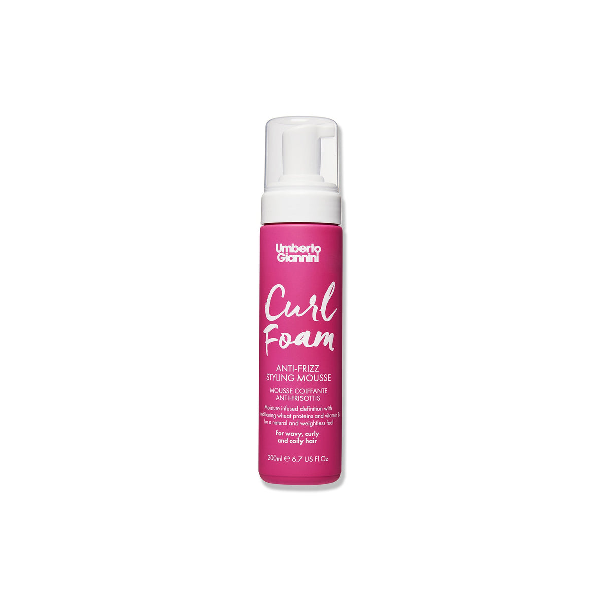 Pink bottle of Umberto Giannini Curl Foam anti-frizz styling mousse for curly and wavy hair, 200 ml.