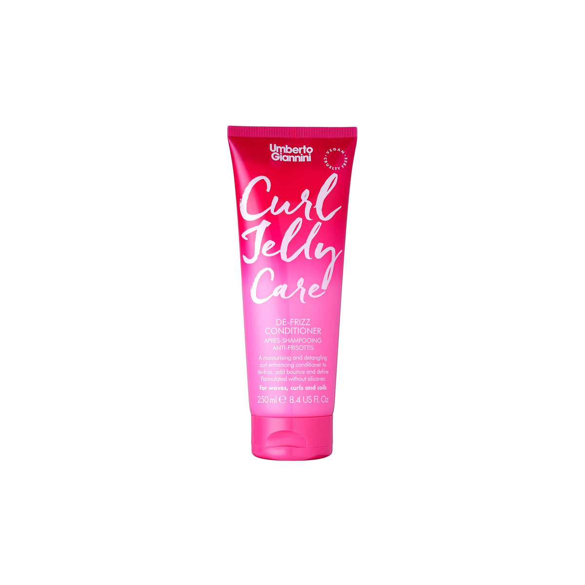 Umberto Giannini Curl Jelly Care De-Frizz Conditioner in pink tube with white text for curly hair and against frizz.