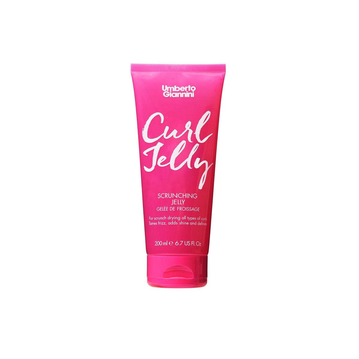 Pink tube with Umberto Giannini Curl Jelly for curly hair, 200 ml, which defines curls and reduces frizz.