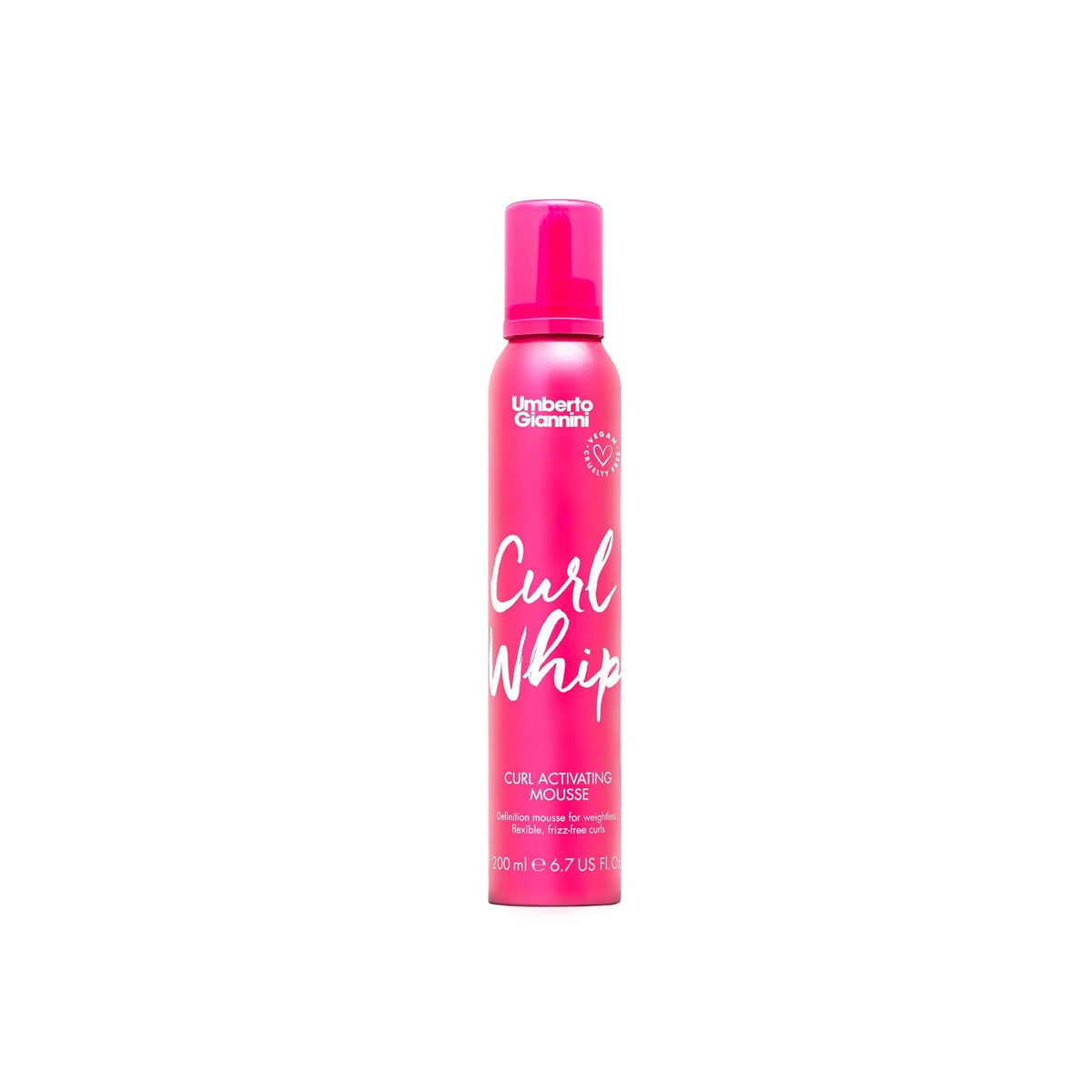 Umberto Giannini Curl Whip curl activating mousse in pink bottle for defined, frizz-free curls with light hold.